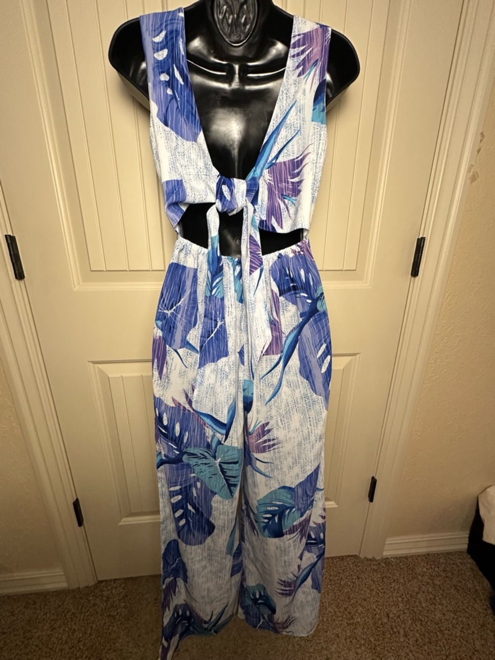 Japna Palm Floral Wide Leg Jumpsuit Vacation White Purple Blue Tie Back Small - Picture 5 of 10